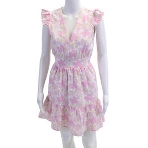 Sunny Womens Floral Print Short Sleeves V Neck A Line Dress Pink White Cotton Si